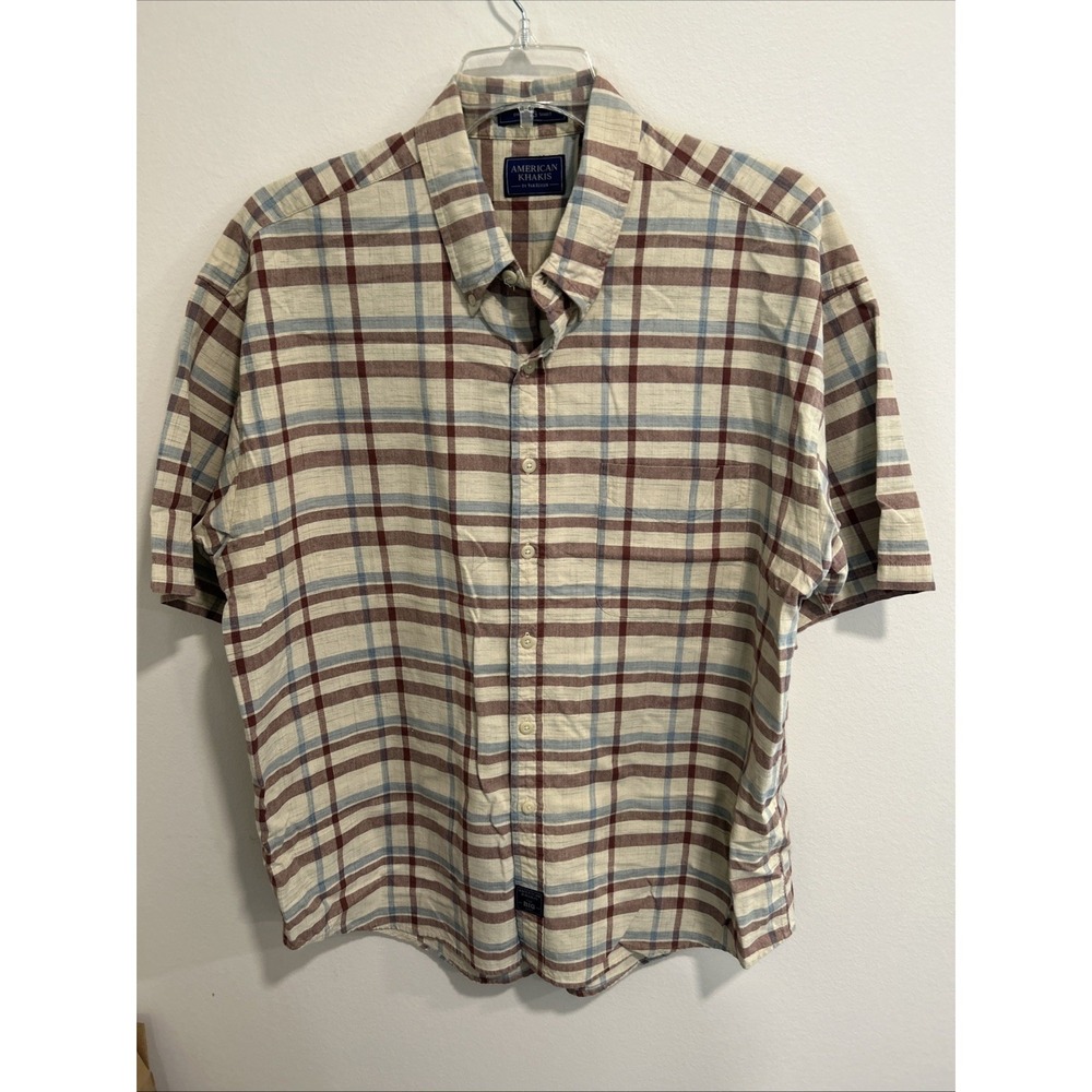 American Khakis Shirt Large Neutral‎ Brown Plaid Short Sleeve Van Heusen